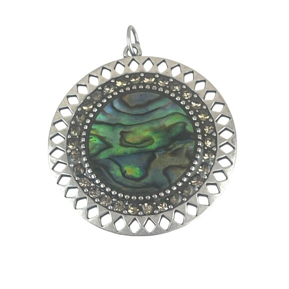 Round Silver Pendant With Abalone Shell & Rhinestone Accents 2 Inch Diameter - Picture 1 of 6